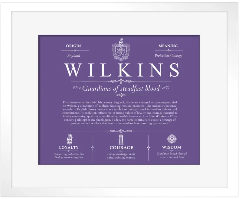 Wilkins family name origin and history in Purple with White Matte Frame
