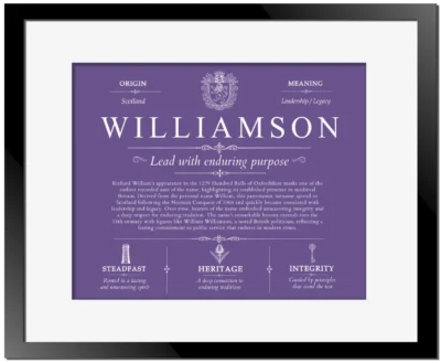 Williamson surname history and heritage in Purple with Black Matte Frame