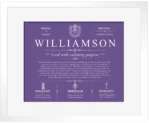 Williamson surname history and heritage in Purple with White Matte Frame