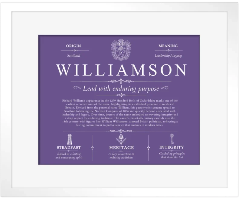 Williamson surname history and heritage in Purple with White Matte Frame