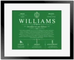 Williams last name meaning and origin in Dark Green with Black Matte Frame