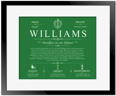 Williams last name meaning and origin in Dark Green with Black Matte Frame