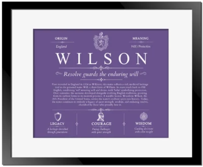 Wilson personalized surname meaning in Purple with Black Matte Frame
