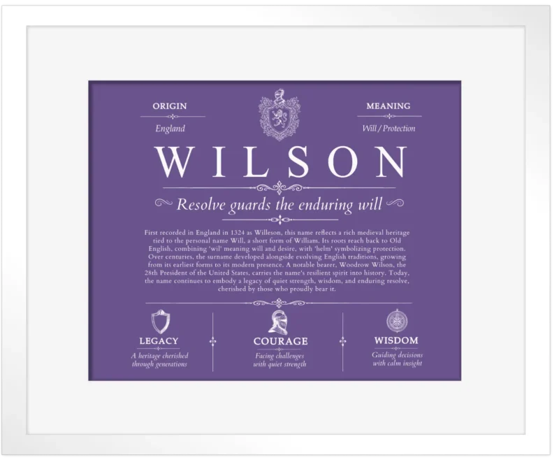 Wilson personalized surname meaning in Purple with White Matte Frame