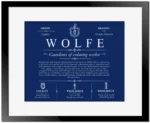 Wolfe last name origin and heritage in Deep Blue with Black Matte Frame
