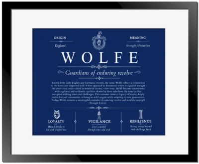 Wolfe last name origin and heritage in Deep Blue with Black Matte Frame