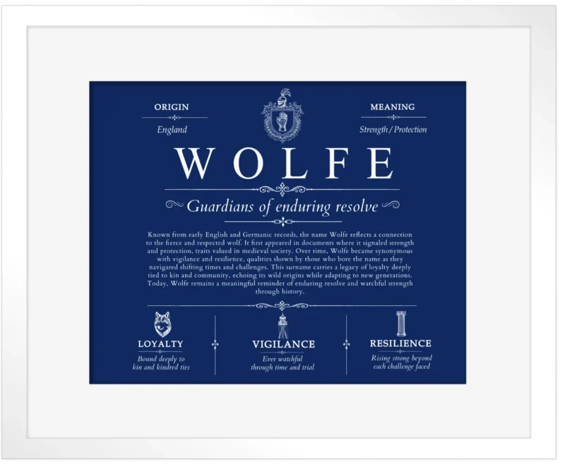 Wolfe last name origin and heritage in Deep Blue with White Matte Frame