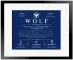 Wolf personalized surname meaning in Deep Blue with Black Matte Frame