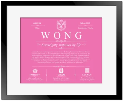Wong surname heritage and history in Pink with Black Matte Frame