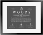 Woods last name history and origin in Gray with Black Matte Frame