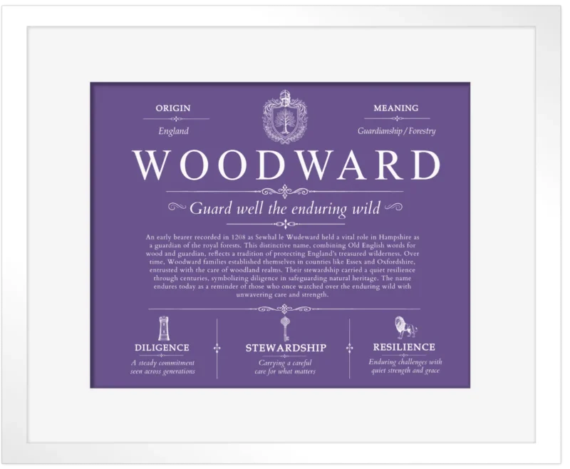 Woodward personalized surname meaning in Purple with White Matte Frame