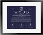 Wood surname history and heritage in Navy Blue with Black Matte Frame
