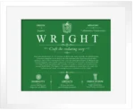 Wright family name meaning and origin in Dark Green with White Matte Frame