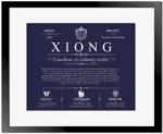 Xiong surname meaning and origin in Navy Blue with Black Matte Frame