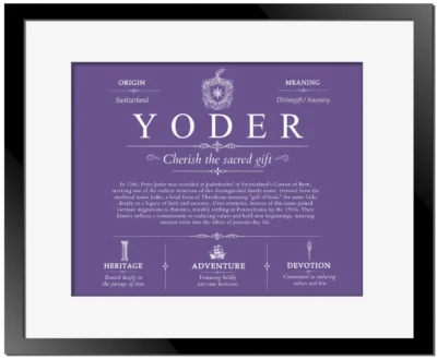 Yoder last name origin and heritage in Purple with Black Matte Frame
