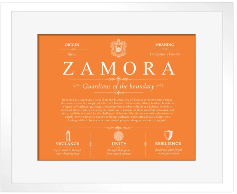 Zamora surname history and heritage in Orange with White Matte Frame