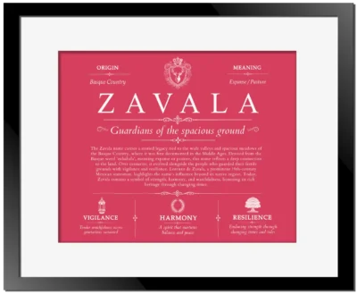 Zavala family name history in Red with Black Matte Frame