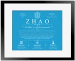 Zhao family name origin and history in Blue with Black Matte Frame