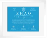 Zhao family name origin and history in Blue with White Matte Frame
