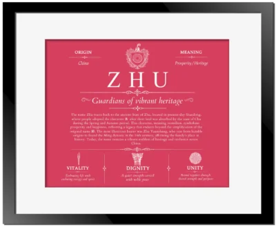 Zhu surname meaning and heritage in Red with Black Matte Frame