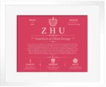 Zhu surname meaning and heritage in Red with White Matte Frame