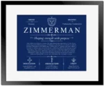 Zimmerman family name meaning and history in Deep Blue with Black Matte Frame
