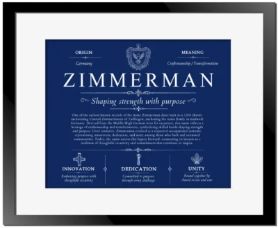 Zimmerman family name meaning and history in Deep Blue with Black Matte Frame