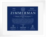 Zimmerman family name meaning and history in Deep Blue with White Matte Frame